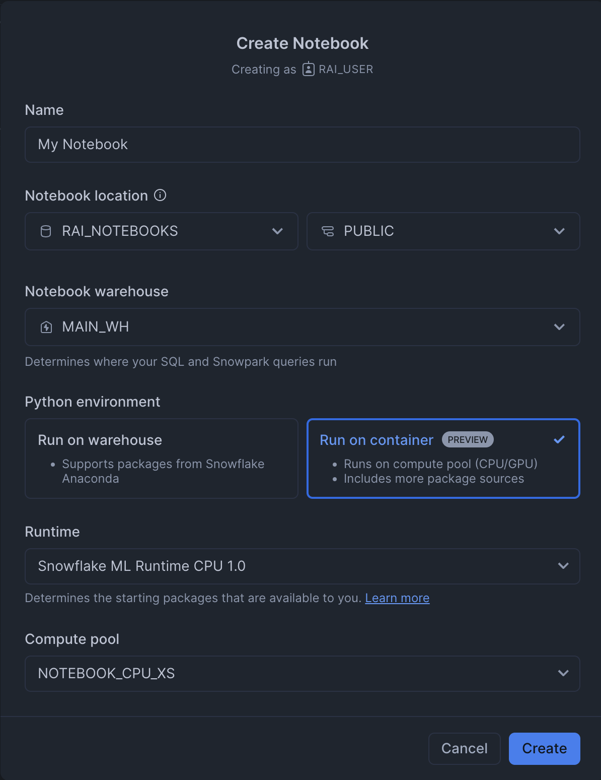 new notebook modal with option to run on container